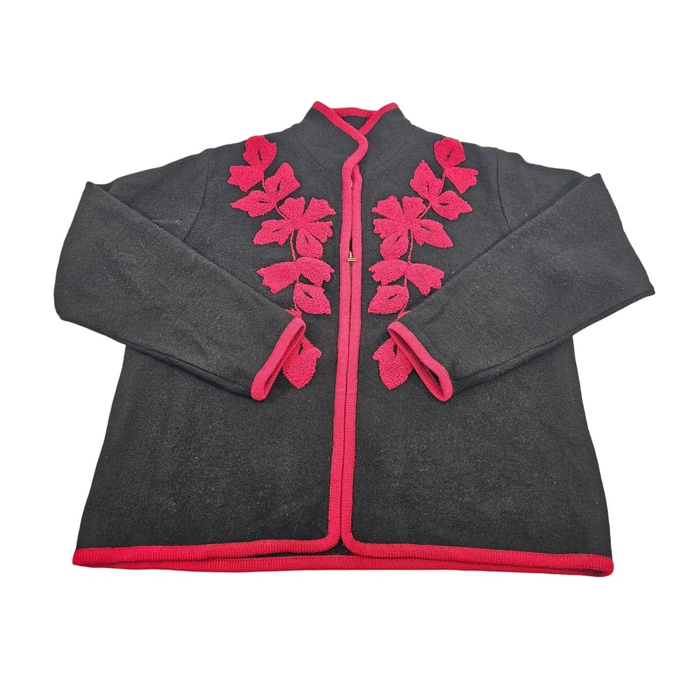 VINTAGE Coldwater Creek Wool Embroidered Zip Up Cardigan Sweater Red Black Y2K‎